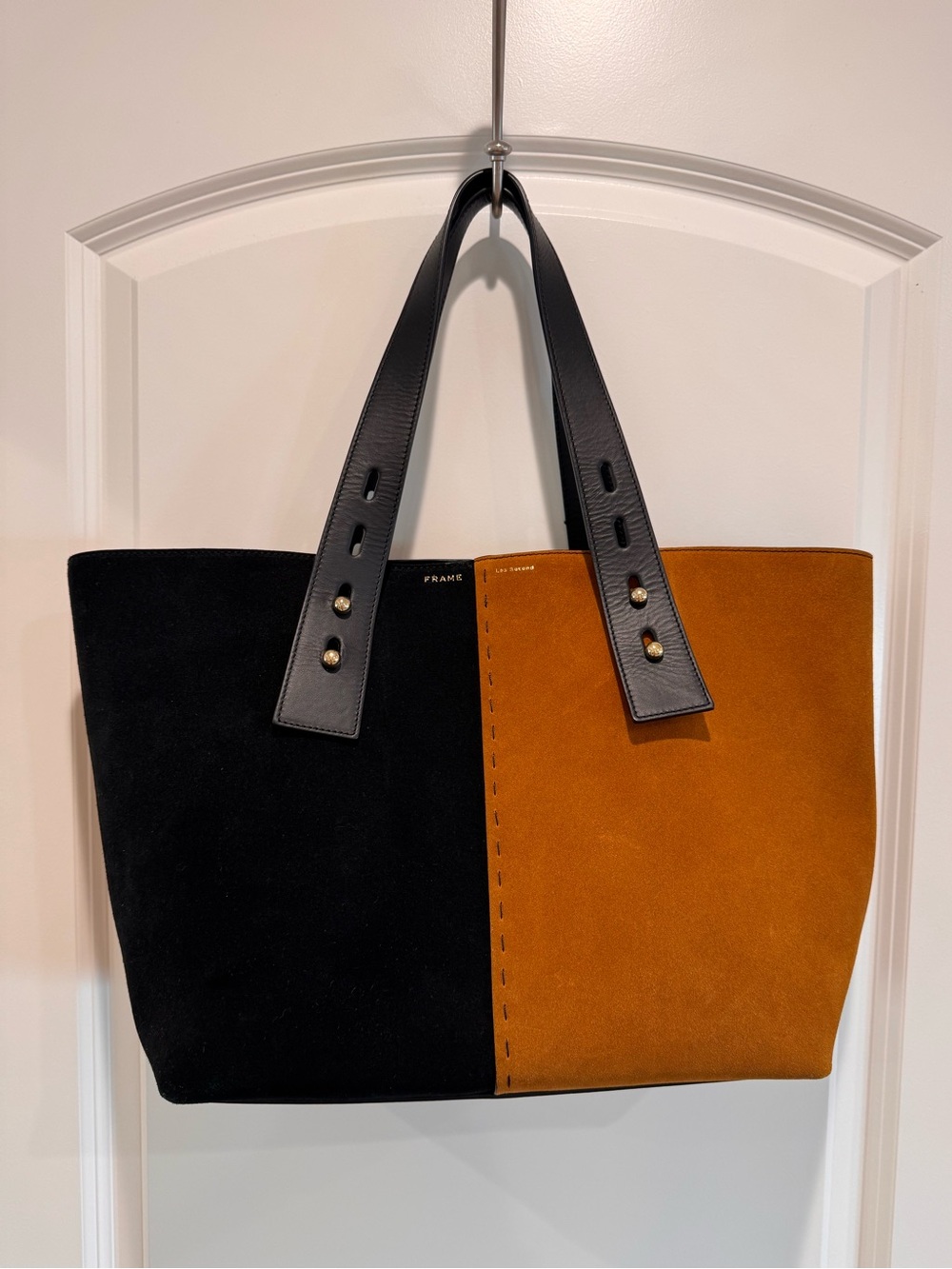 Frame Denim Two-Tone Suede and leather Tote Bag in Black and Cognac Les Second